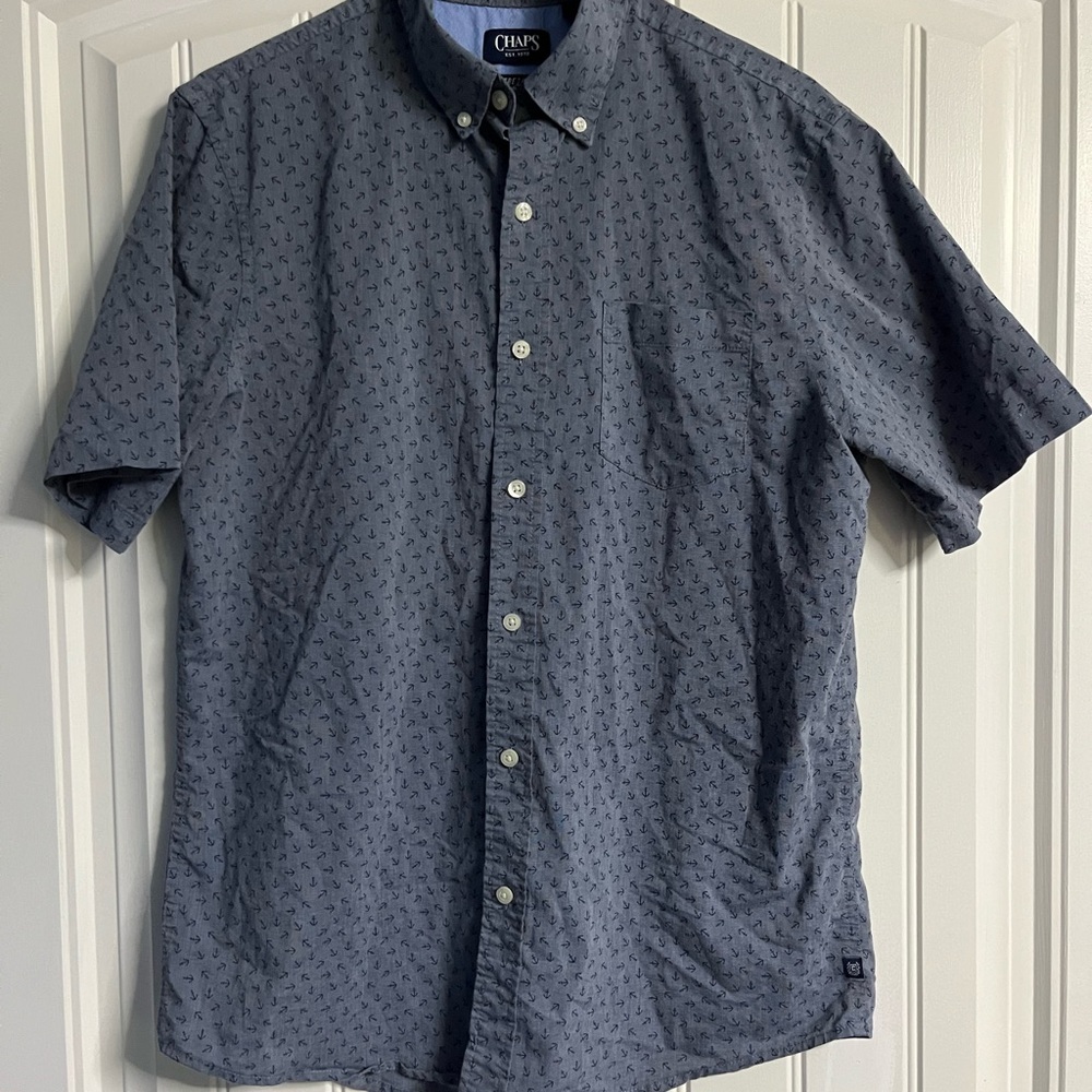 Chaps Men's Navy Patterned Button Down Shirt with dark blue little anchors men’s